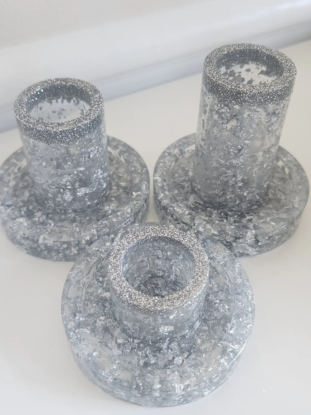 Handcrafted Gray Agate Coasters and Candle Holders with Silver Glitter Accent
